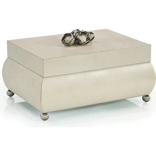 Coquelicot Box by John-Richard in white, nickel, gray and nickel. Made from leather, brass, crushed glass, suede in a unique style.