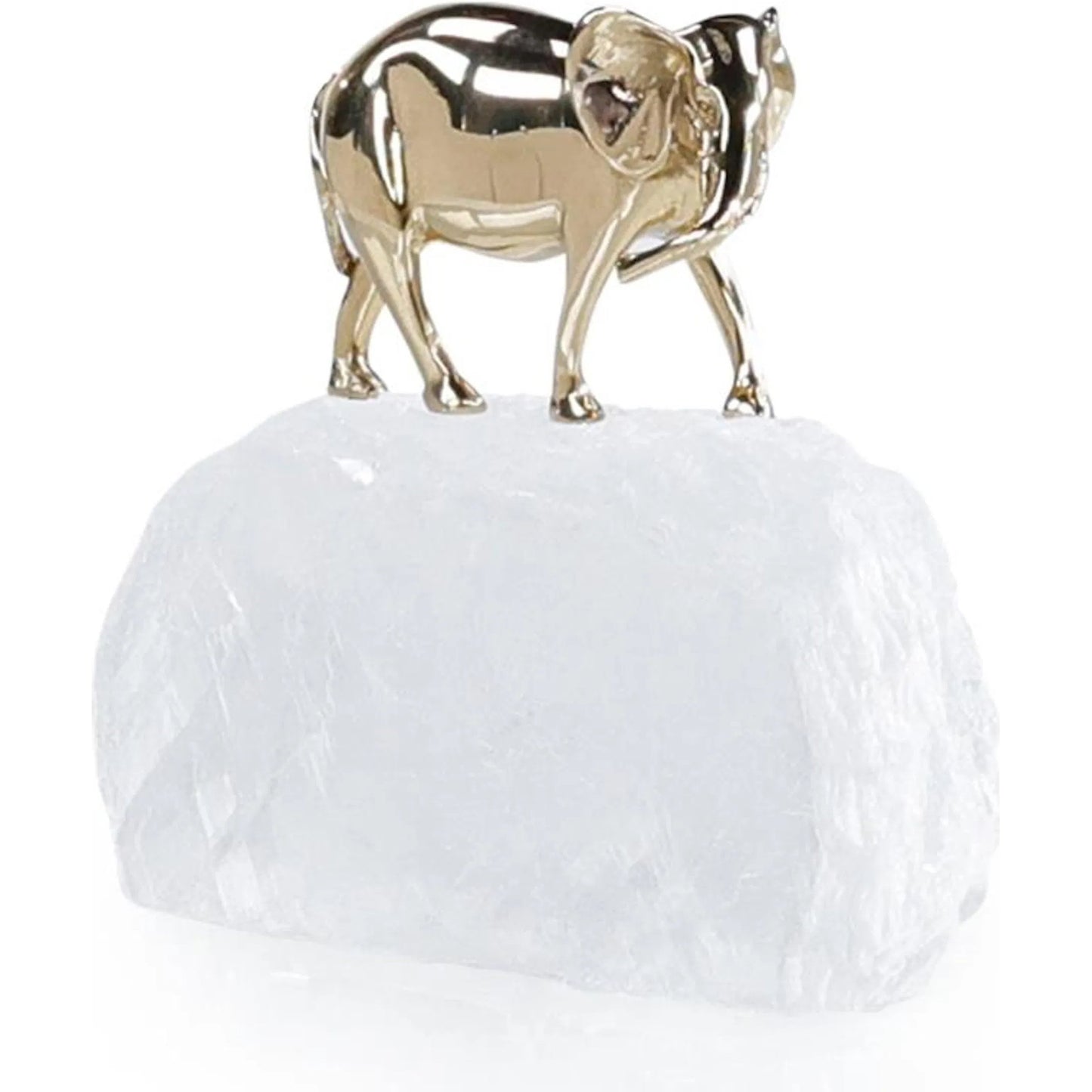 001 SI-2373009 | Primary Silo | Brass Elephant Sculpture on Selenite I by John-Richard in brass, white. Made from brass, selenite stone in a modern style.