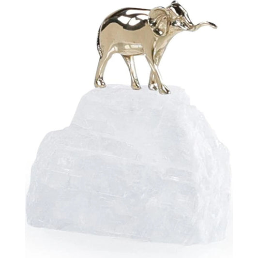Brass Elephant Sculpture on Selenite III by John-Richard in brass, white. Made from brass, selenite stone in a unique style.