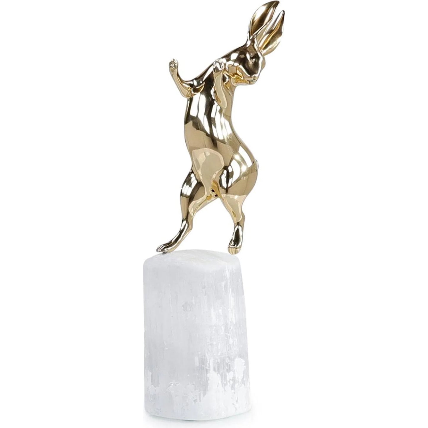 001 SI-2373158 | Primary Silo | Dancing Bunny Sculpture on Selenite by John-Richard in brass. Made from brass, selenite stone in a modern style.
