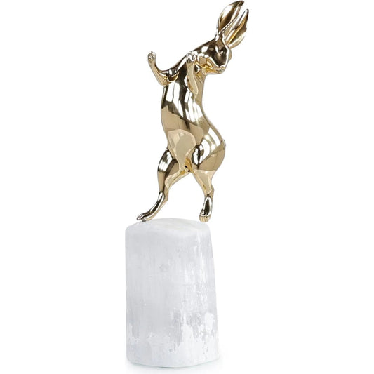 Dancing Bunny Sculpture on Selenite by John-Richard in brass. Made from brass, selenite stone in a unique style.