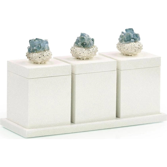 Crystalline Trio Boxes by John-Richard in cream, gray and nickel. Made from fabric, brass, kyanite stone in a unique style.