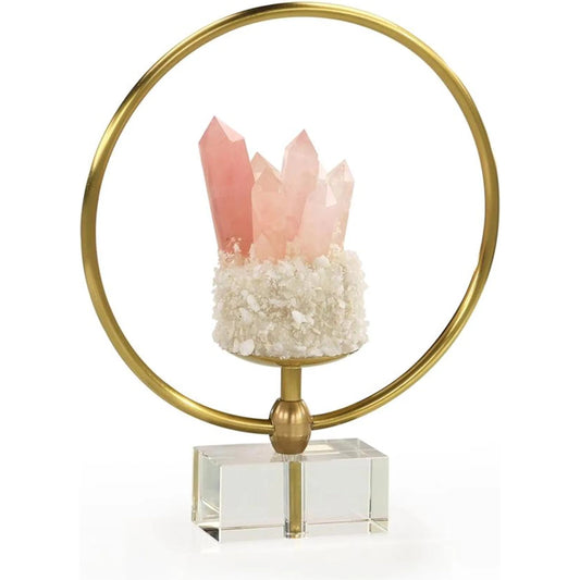 Encircled Rose Quartz Sculpture by John-Richard in rose, brass, clear, white. Made from quartz crystals, brass, crystal, marble in a unique style.