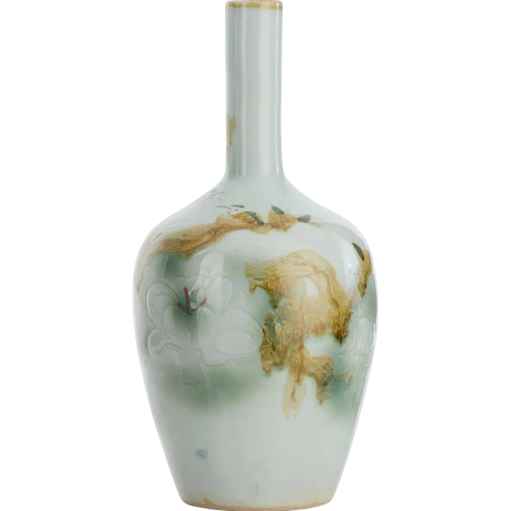 Dancing Branches Vase by John-Richard in green, brown, blue and glazed. Made from porcelain in a traditional style.
