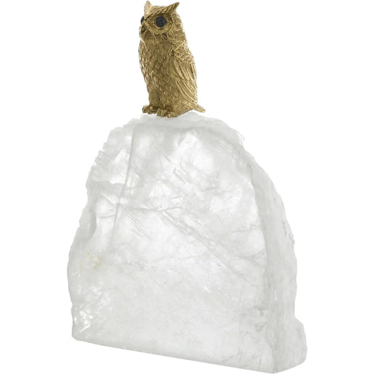 Perched Brass Owl Sculpture on Selenite by John-Richard. Made from unique in a unique style.