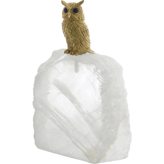 Perched Brass Owl Sculpture on Selenite by John-Richard. Made from unique in a unique style.