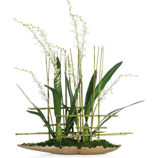 Asian Cymbidiums by John-Richard in green, gold. Made from bamboo, orchids in a unique style.