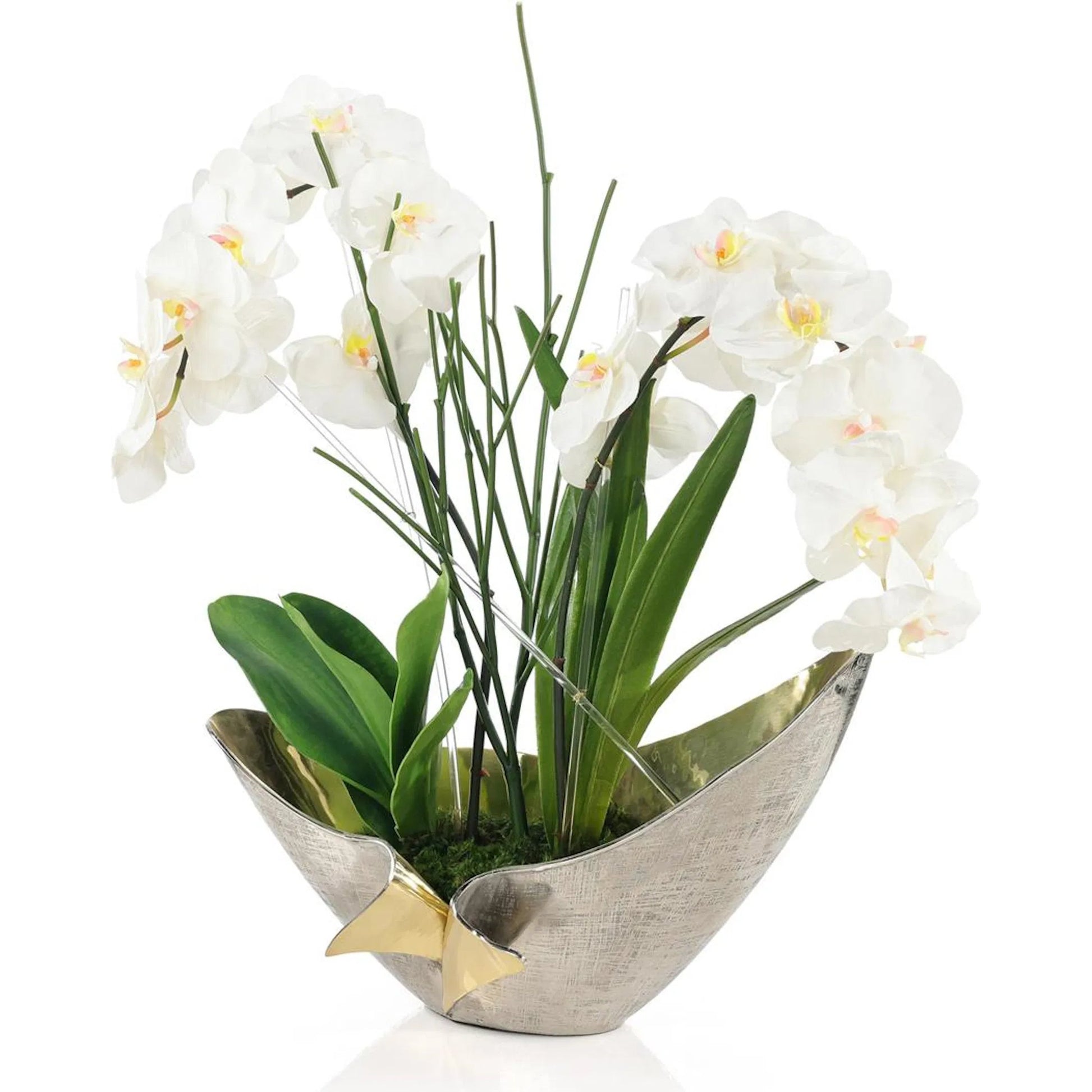 Elegant Real Touch Orchids by John-Richard in white, green, brass and polished. Made from brass, orchids, pencil cactus, orchid leaves, amaryllis leaves in a modern style.