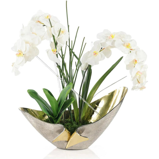 Elegant Real Touch Orchids by John-Richard in white, green, brass and polished. Made from brass, orchids, pencil cactus, orchid leaves, amaryllis leaves in a unique style.