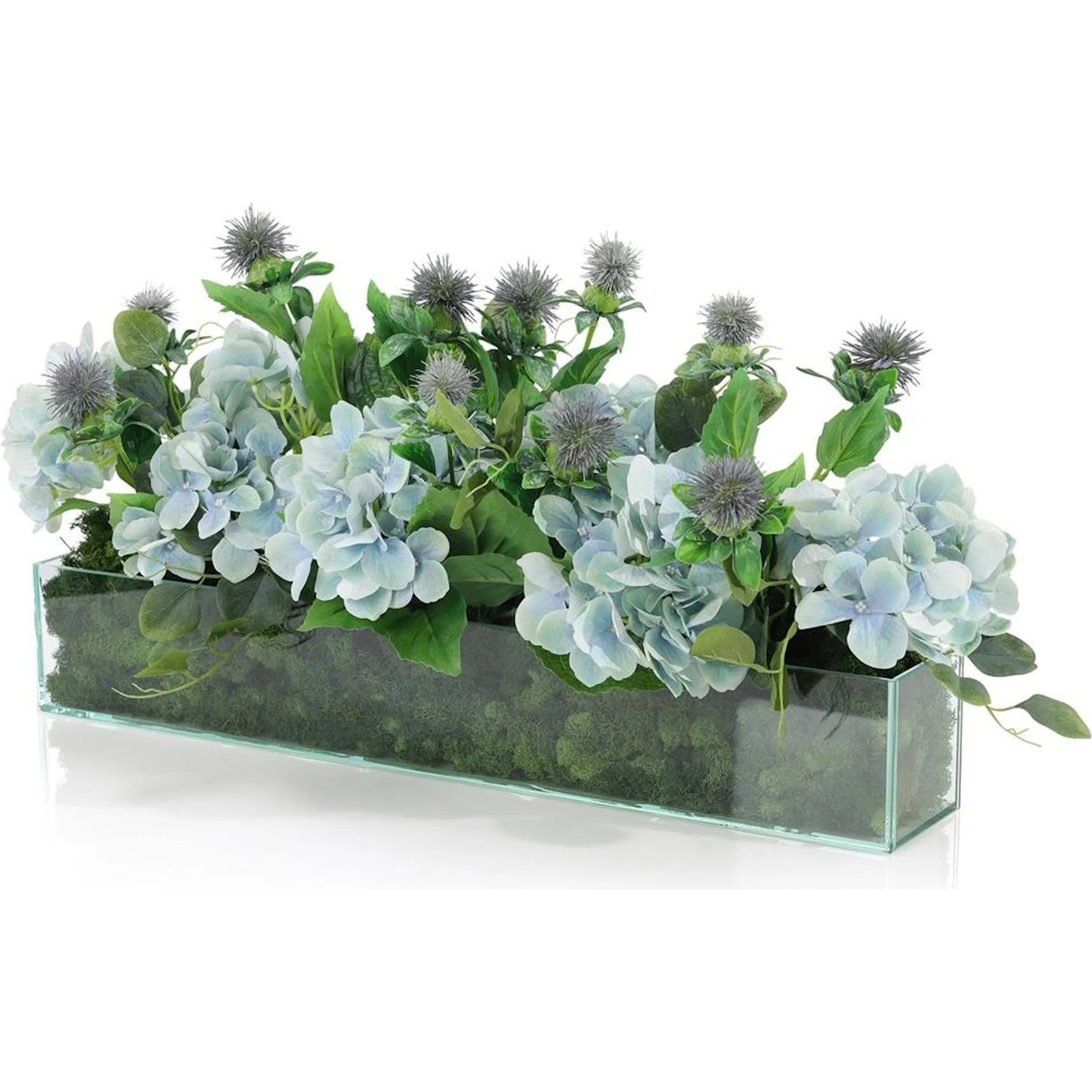 002 SI-2373207 | Additional Silo | English Garden by John-Richard in blue, green, clear. Made from eucalyptus leaves, hydrangeas, thistle, glass, reindeer moss in a transitional style.