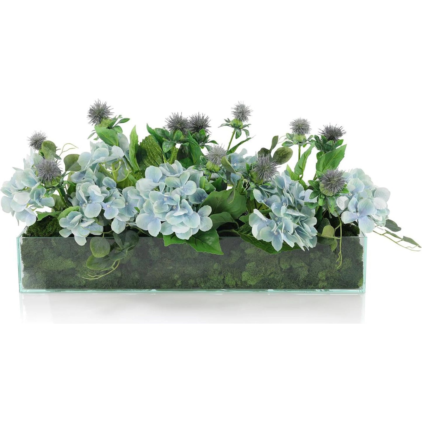 001 SI-2373207 | Primary Silo | English Garden by John-Richard in blue, green, clear. Made from eucalyptus leaves, hydrangeas, thistle, glass, reindeer moss in a transitional style.