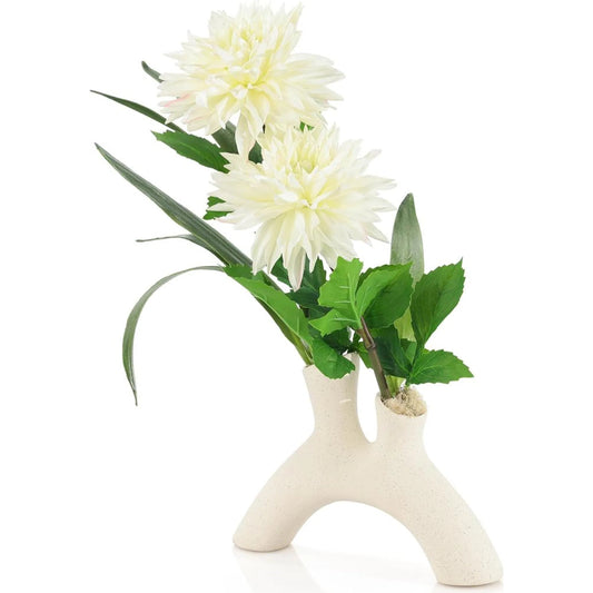 Evening Dahlia by John-Richard in cream, green. Made from ceramic, dahlia, amaryllis leaves, reindeer moss in a unique style.