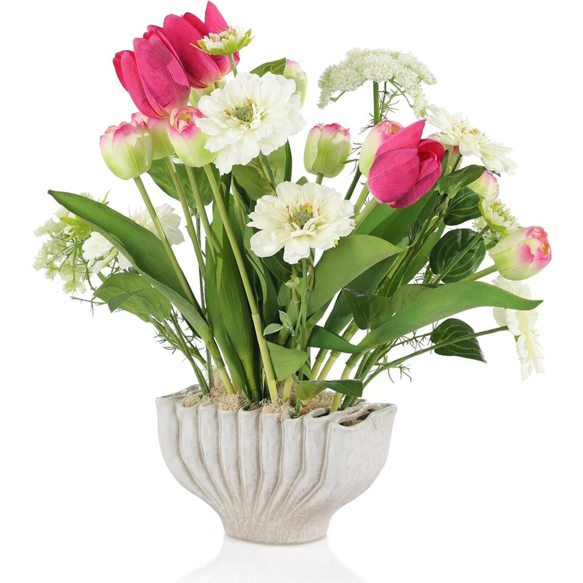 Zinnias and Tulips by John-Richard in white. Made from unique in a modern style.