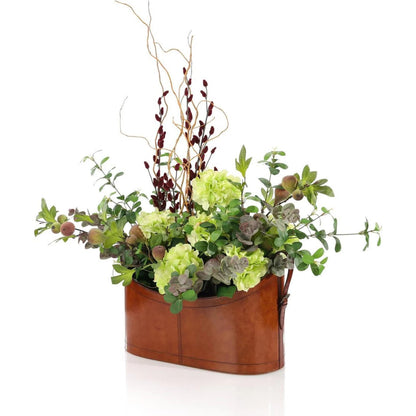 Classic Leather by John-Richard in green, brown. Made from flocked fig stems, silver dollar eucalyptus, pussy willows, curly willows, hydrangea bush, leather in a transitional style.