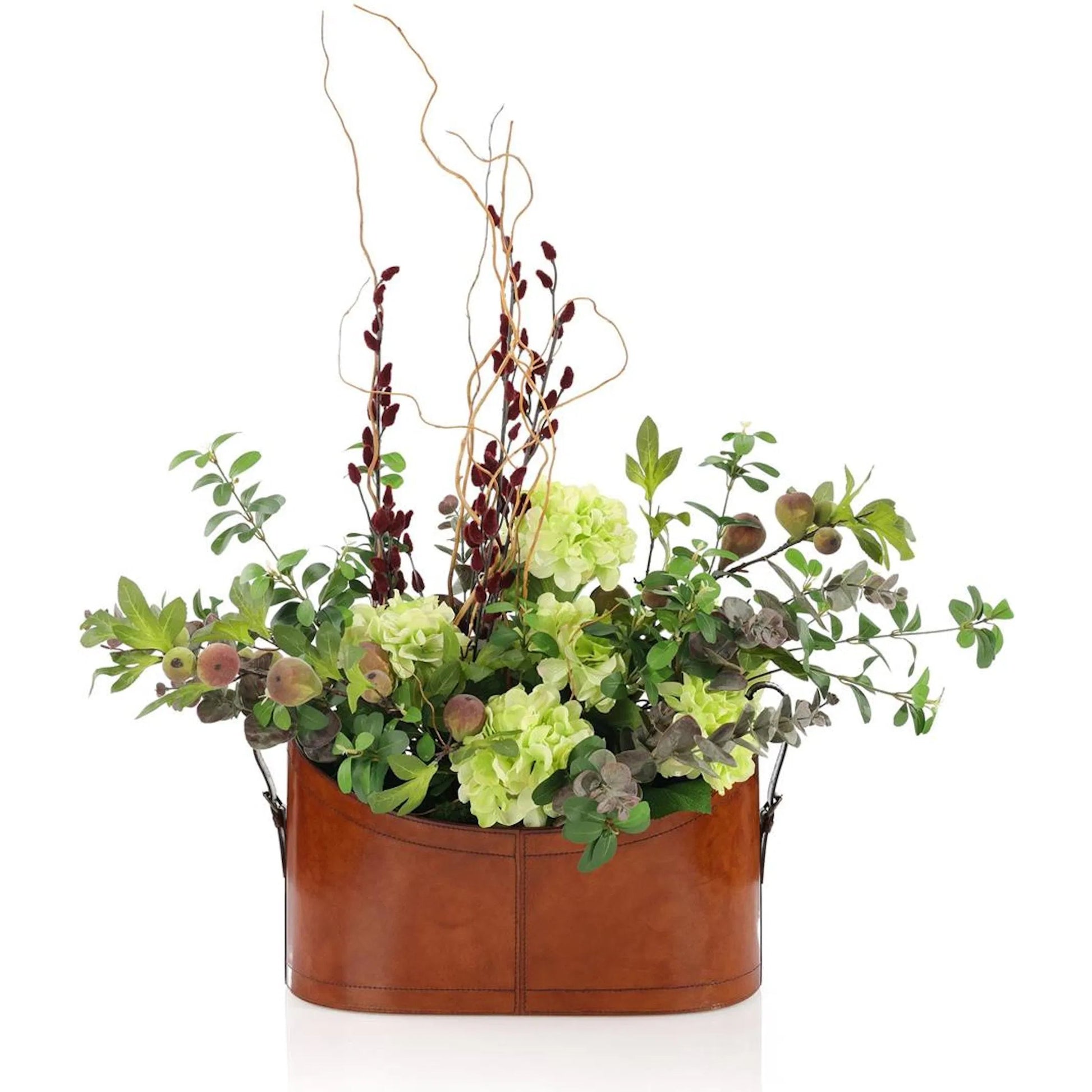 Classic Leather by John-Richard in green, brown. Made from flocked fig stems, silver dollar eucalyptus, pussy willows, curly willows, hydrangea bush, leather in a transitional style.