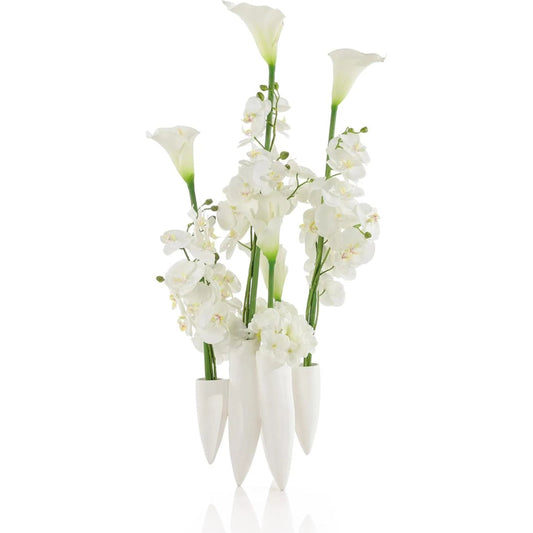 Dancing Calla Lilies by John-Richard in white, green. Made from calla lilies, hydrangeas, orchids, ceramic, faux water, natural rocks in a unique style.