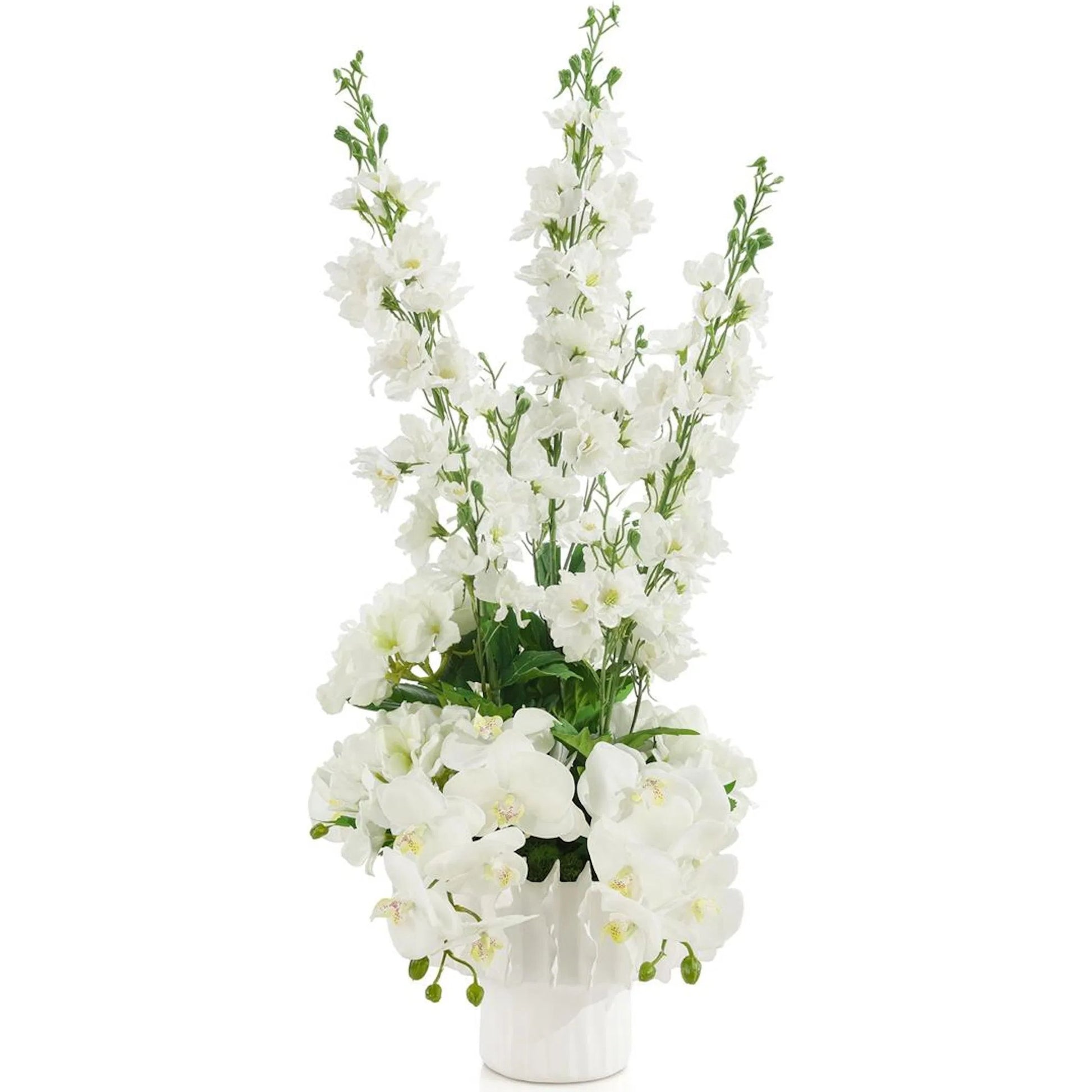 Classic Elegance by John-Richard in green, white. Made from hydrangeas, orchid, delphinium stems, ceramic in a transitional style.