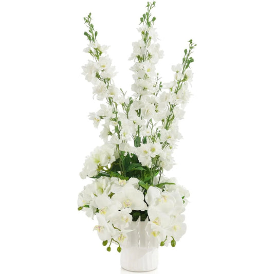 Classic Elegance by John-Richard in green, white. Made from hydrangeas, orchid, delphinium stems, ceramic in a unique style.