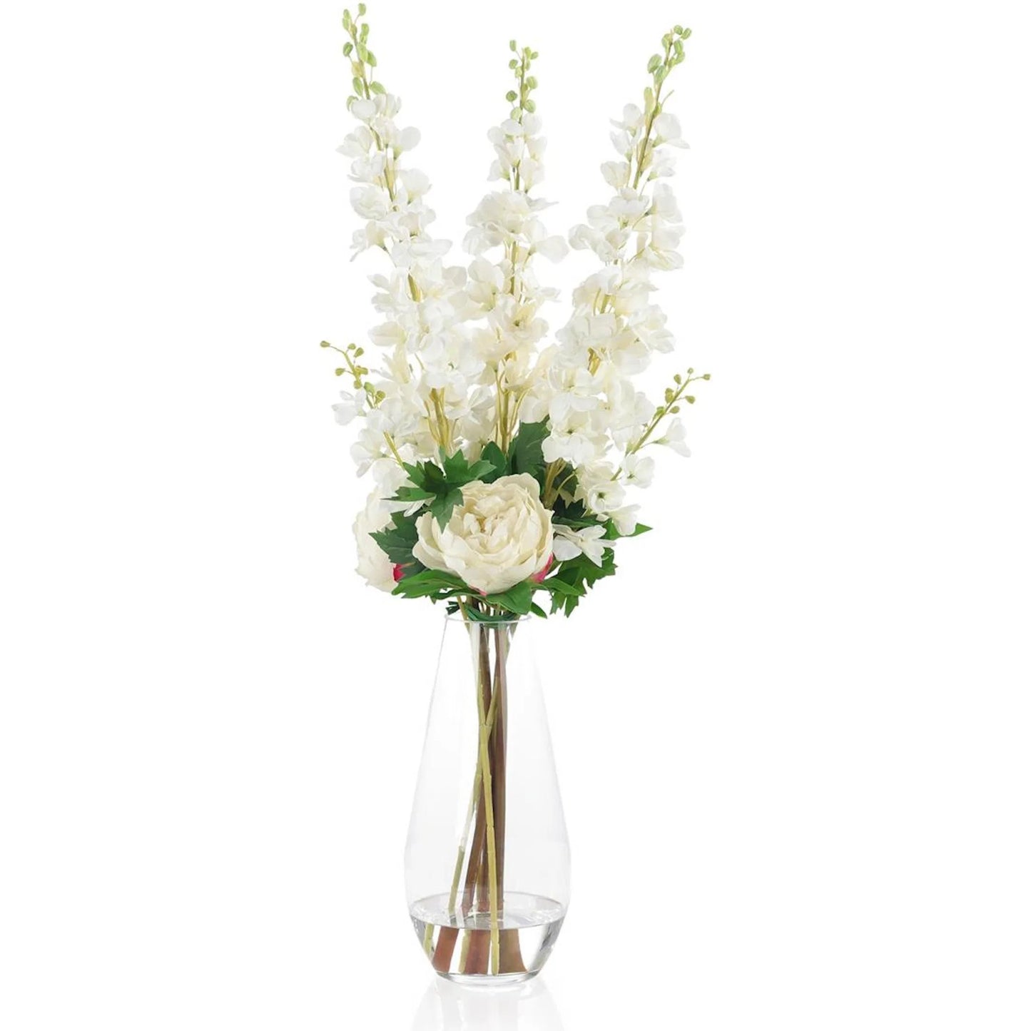 002 SI-2373165 | Additional Silo | Delphinium Dreams by John-Richard in white, green, clear. Made from garden delphiniums, peonies, glass, faux water in a transitional style.