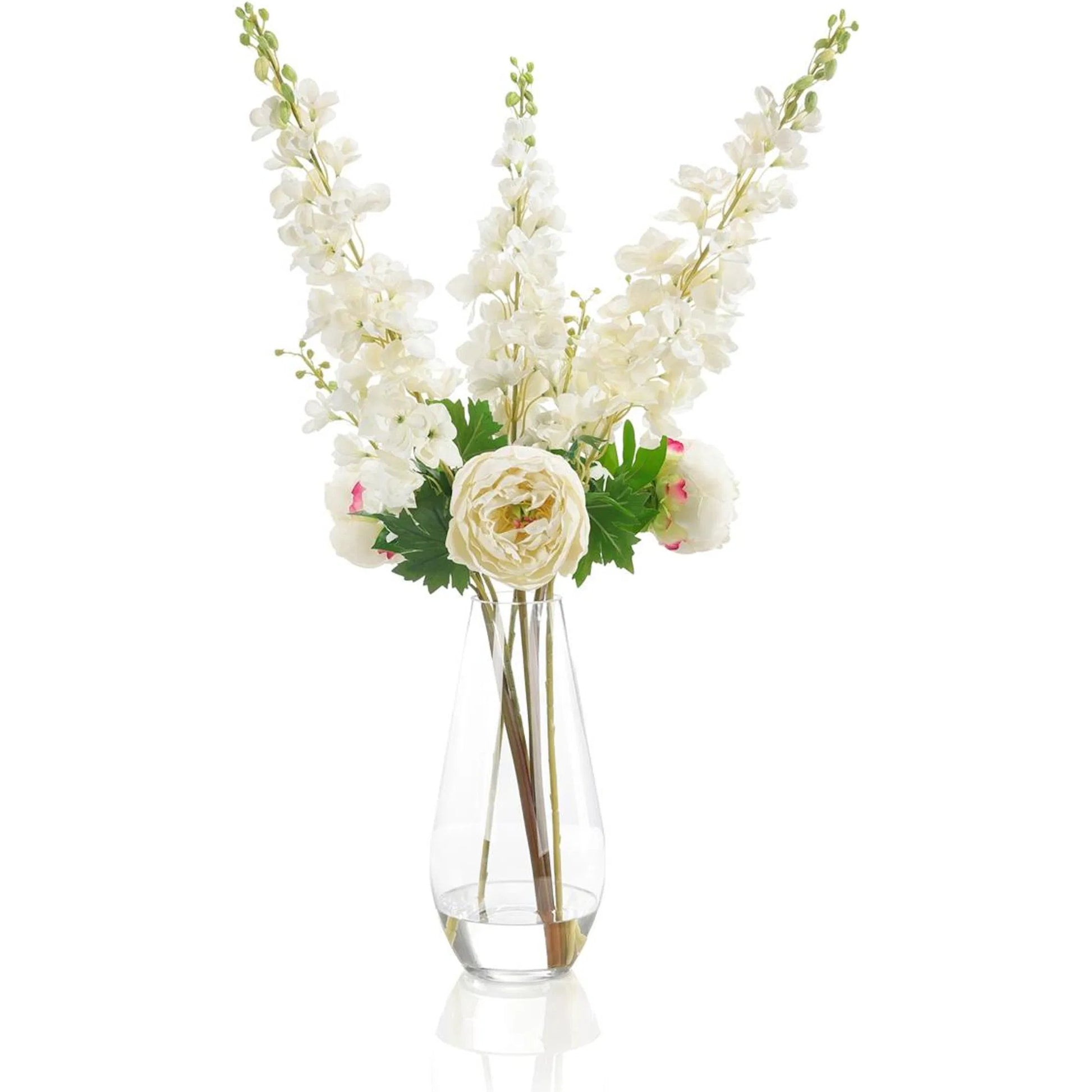 Delphinium Dreams by John-Richard in white, green, clear. Made from garden delphiniums, peonies, glass, faux water in a transitional style.