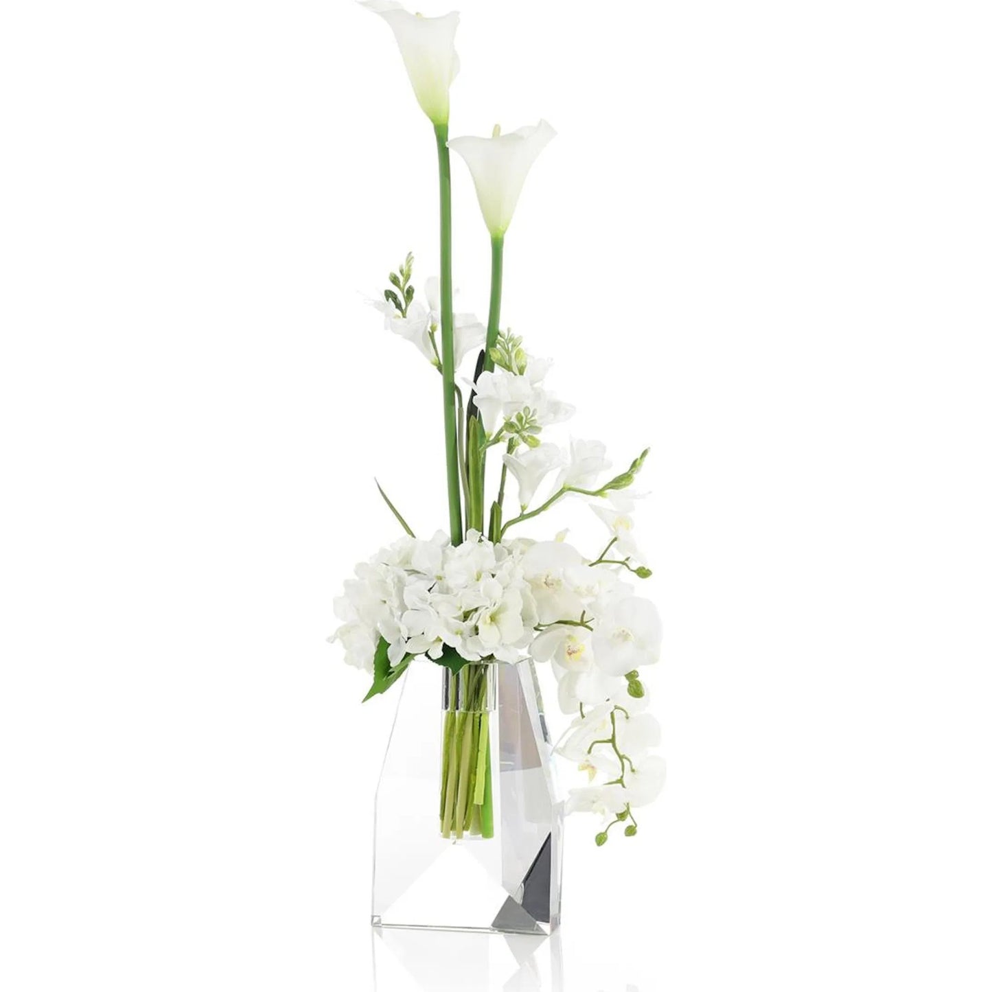 001 SI-2373146 | Additional Silo | Crystal Snow Blooms by John-Richard in white, green, clear. Made from orchid, hydrangeas, freesias, calla lilies, glass in a transitional style.