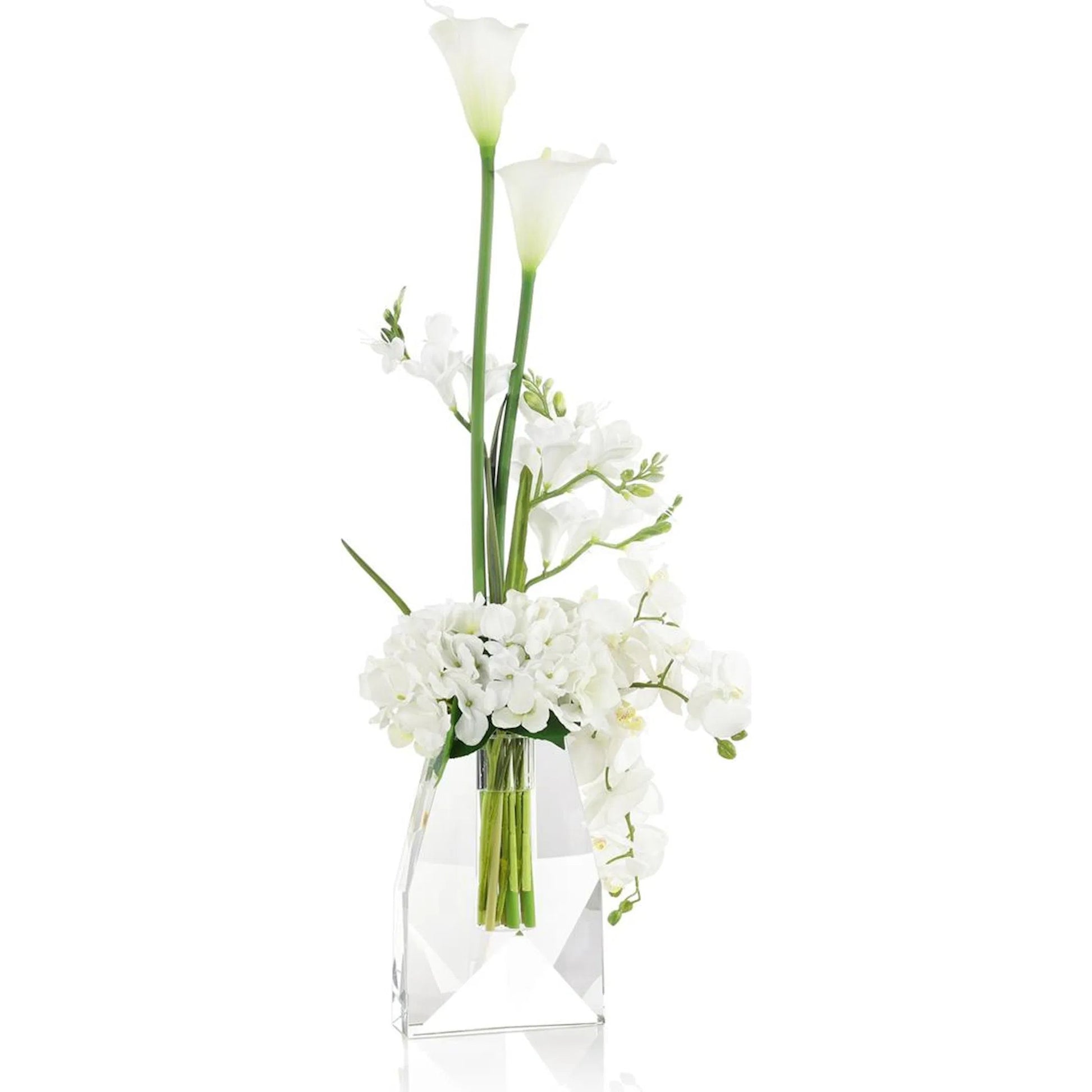Crystal Snow Blooms by John-Richard in white, green, clear. Made from orchid, hydrangeas, freesias, calla lilies, glass in a transitional style.
