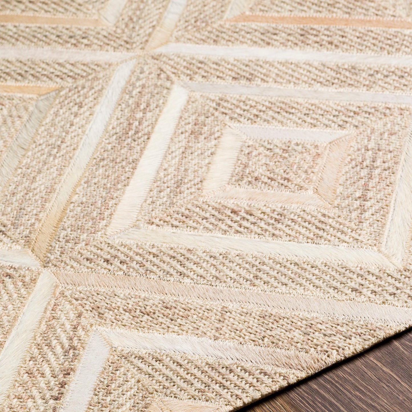 002 SI-1883345,SI-1883346,SI-1883347,SI-1883348,SI-1883349 | Closeup | Jardin JRD-2300 Rug by Surya in light gray, light beige, oatmeal, medium gray, dark brown. Made from 60% wool, 40% leather in a unique style.