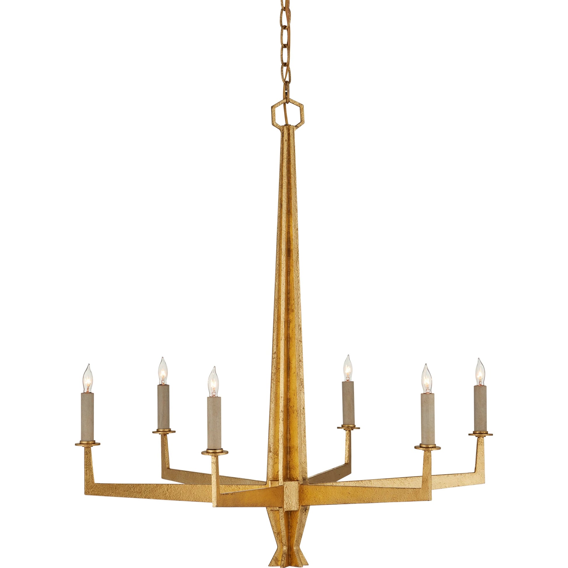 Goldfinch Chandelier by Currey and Company in washed lucerne gold. Made from wrought iron in a modern style.