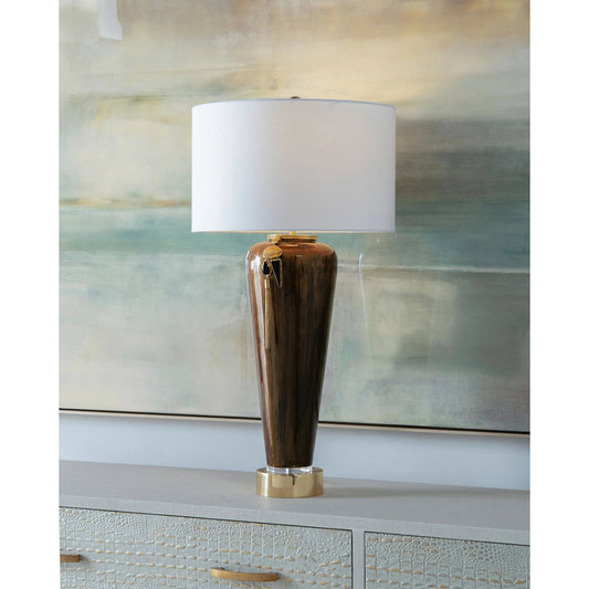 Lagniappe Brown Enamel Table Lamp by John-Richard in brass, brown, green, white. Made from brass, cotton, glass in a transitional style.