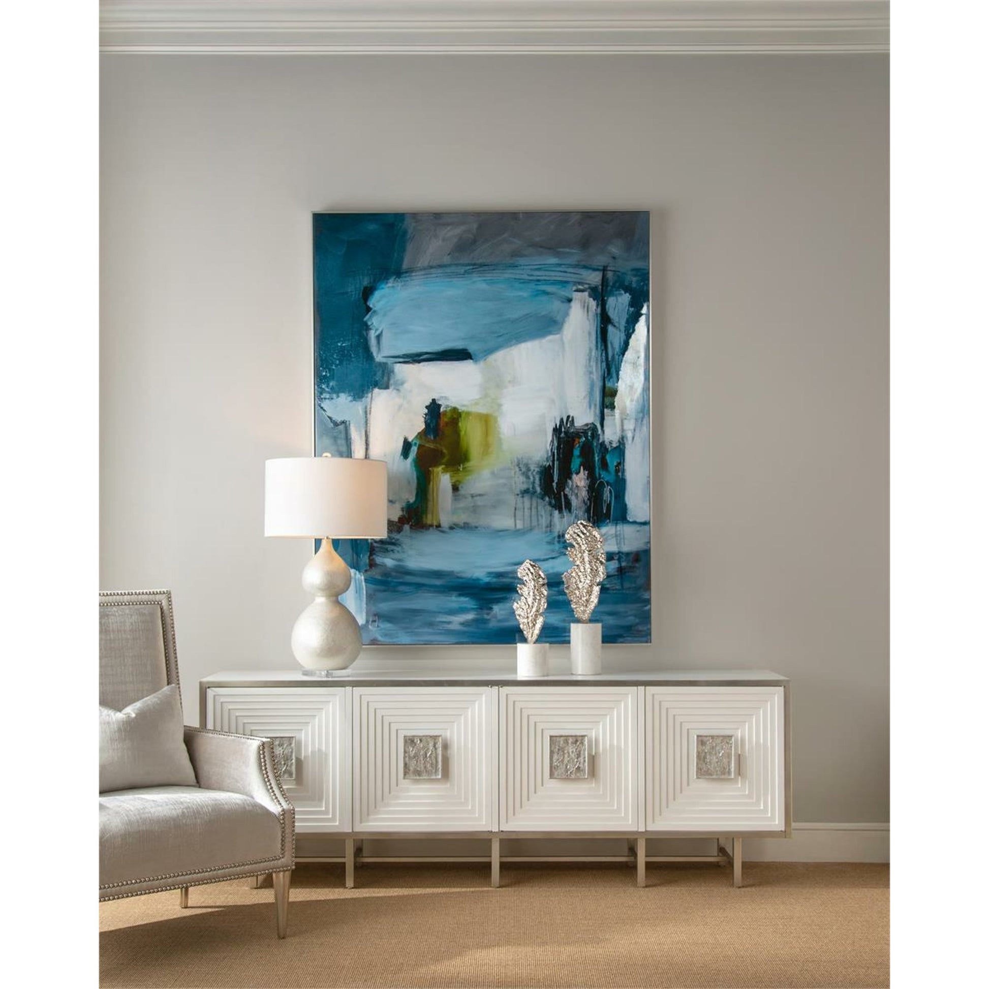 Pearlized Gourd Table Lamp by John-Richard in nickel, white. Made from cotton, glass, nickel in a modern style.