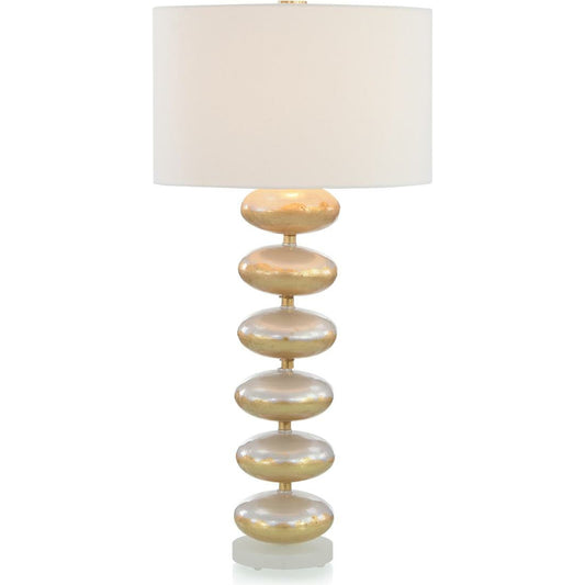 Pearlized Glass Orb Table Lamp by John-Richard in gold. Made from acrylic, brass, glass in a coastal style.