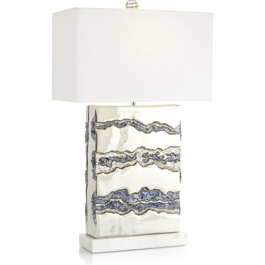 Blue Glass Geode Table Lamp by John-Richard in polished nickel. Made from glass in a coastal style.