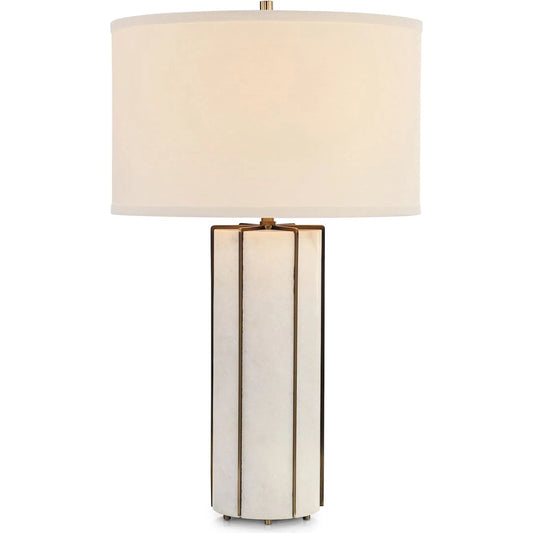 Eminence Table Lamp by John-Richard in white, brass and antique brass. Made from marble, metal, linen in a unique style.