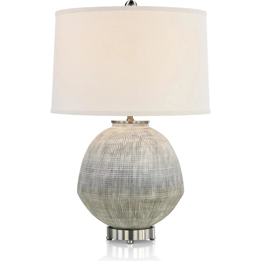 Crosshatch Table Lamp by John-Richard in nickel, gray, white and nickel. Made from ceramic, fabric, metal in a unique style.