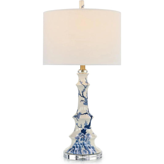 Chinoiserie Table Lamp by John-Richard in blue, white, brass and glazed. Made from porcelain, crystal, linen, brass in a unique style.