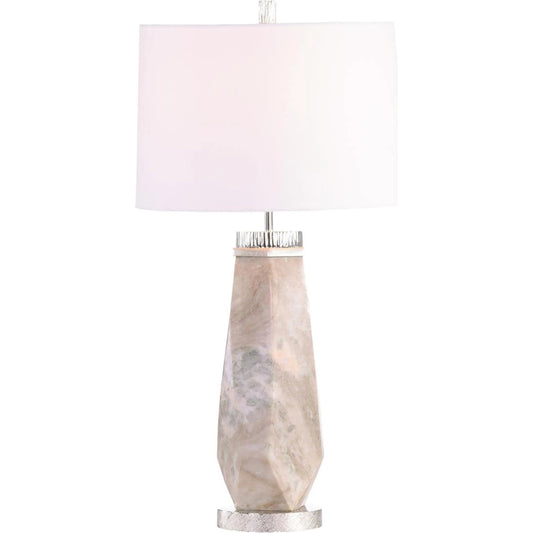 Accolade Table Lamp by John-Richard in gray, ivory, white. Made from marble, linen, aluminum in a unique style.