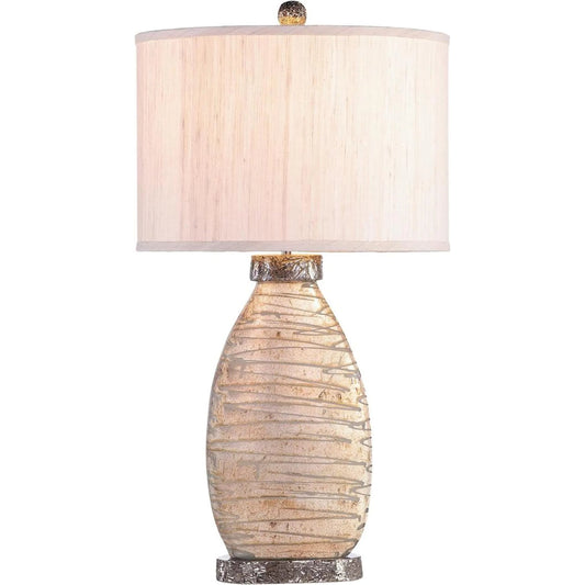 Coppertone Table Lamp by John-Richard in nickel, beige and antique mercury. Made from art glass, metal, fabric in a unique style.