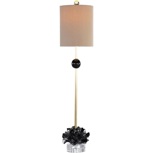 Cleo Buffet Lamp by John-Richard in black, brass, white and brass. Made from art glass, metal, crystal, fabric in a unique style.