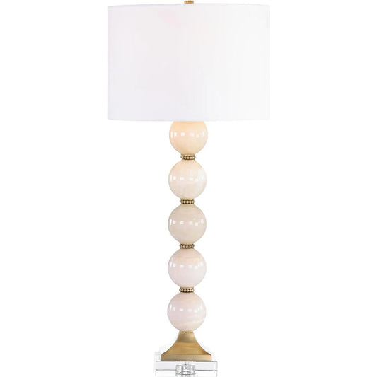 Dietrich Buffet Lamp by John-Richard in white, brass, clear and polished. Made from natural stone, brass, crystal, linen in a unique style.