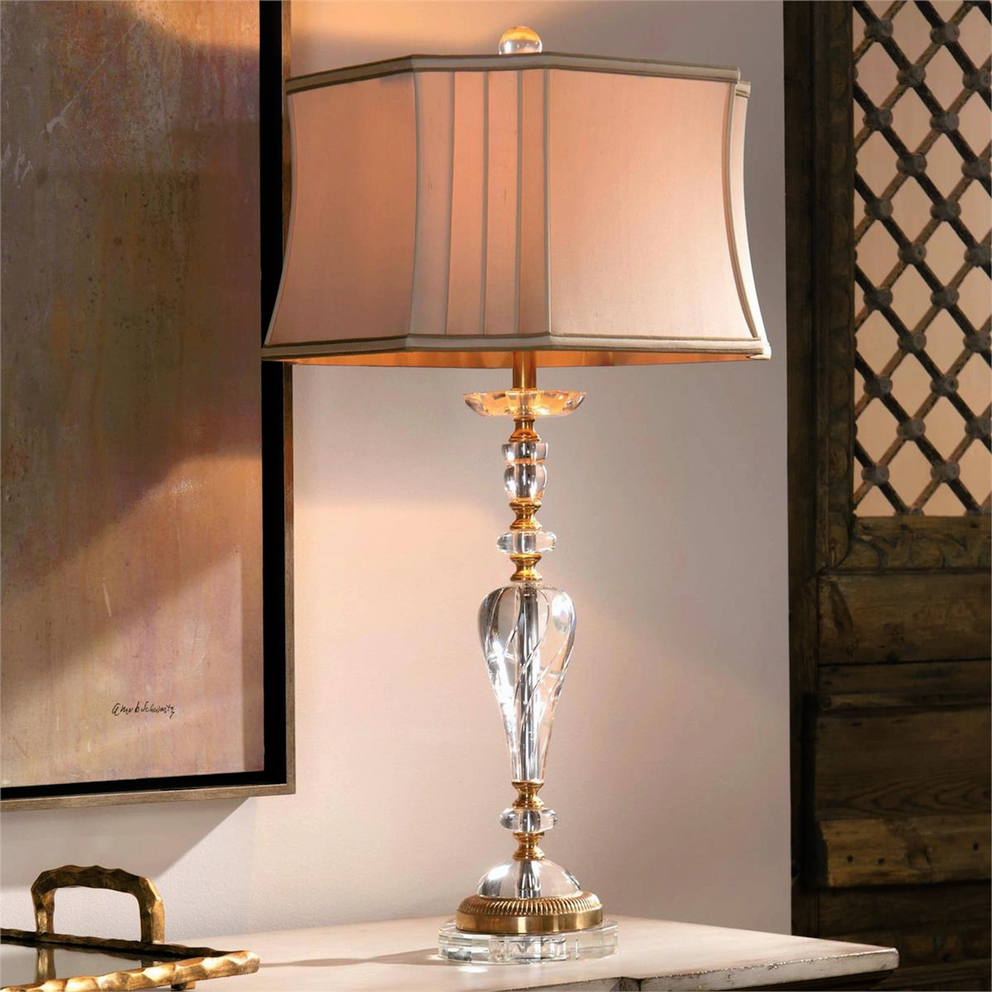 003 SR-863536 | Closeup | Crystal Swirl Lamp by John-Richard in beige, brass. Made from brass, crystal in a traditional style.