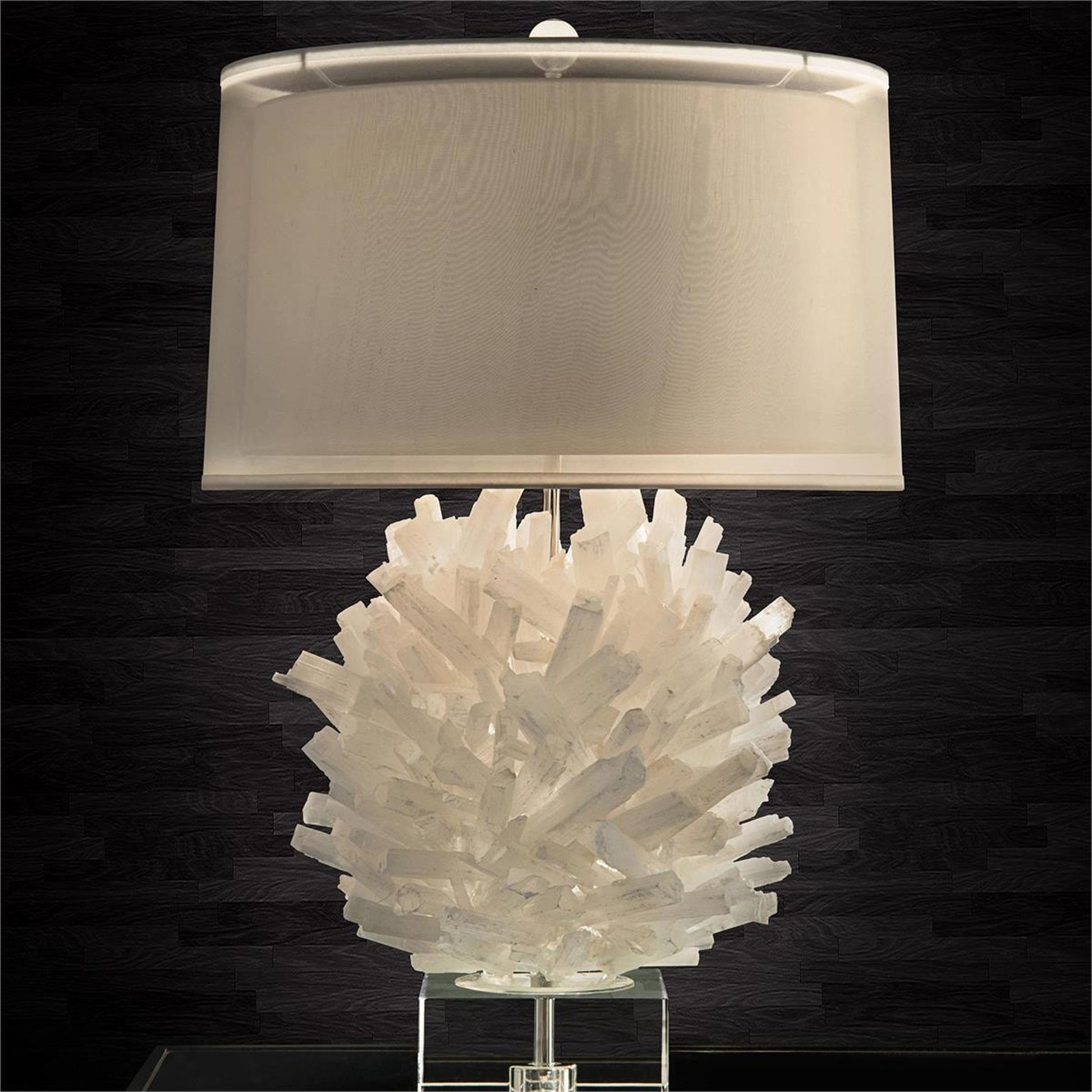 Selenite Table Lamp I by John-Richard in clear, nickel, white. Made from crystal, nickel in a coastal style.