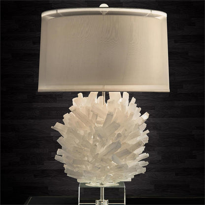 Selenite Table Lamp I by John-Richard in clear, nickel, white. Made from crystal, nickel in a coastal style.