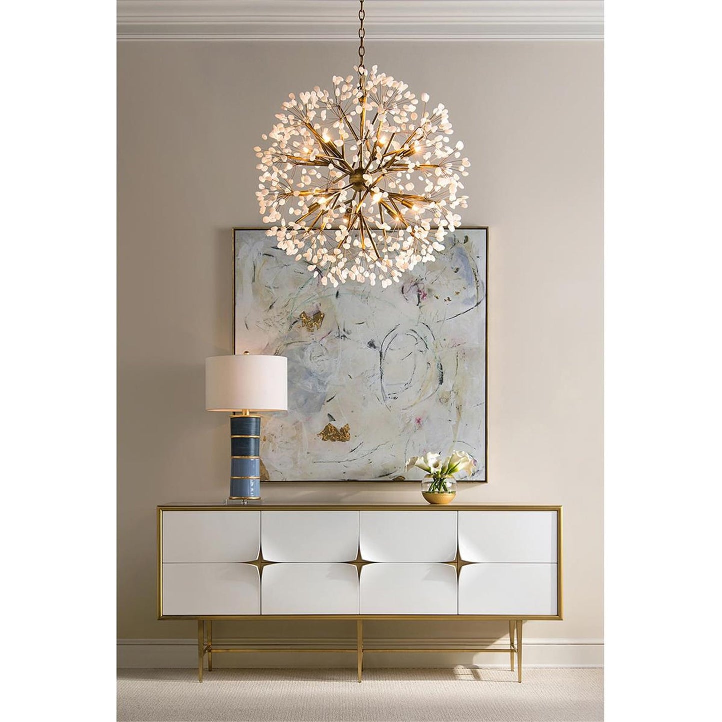 001 SR-865178 | Lifestyle | Pillar Table Lamp by John-Richard in brass, gold, white. Made from acrylic, brass in a transitional style.