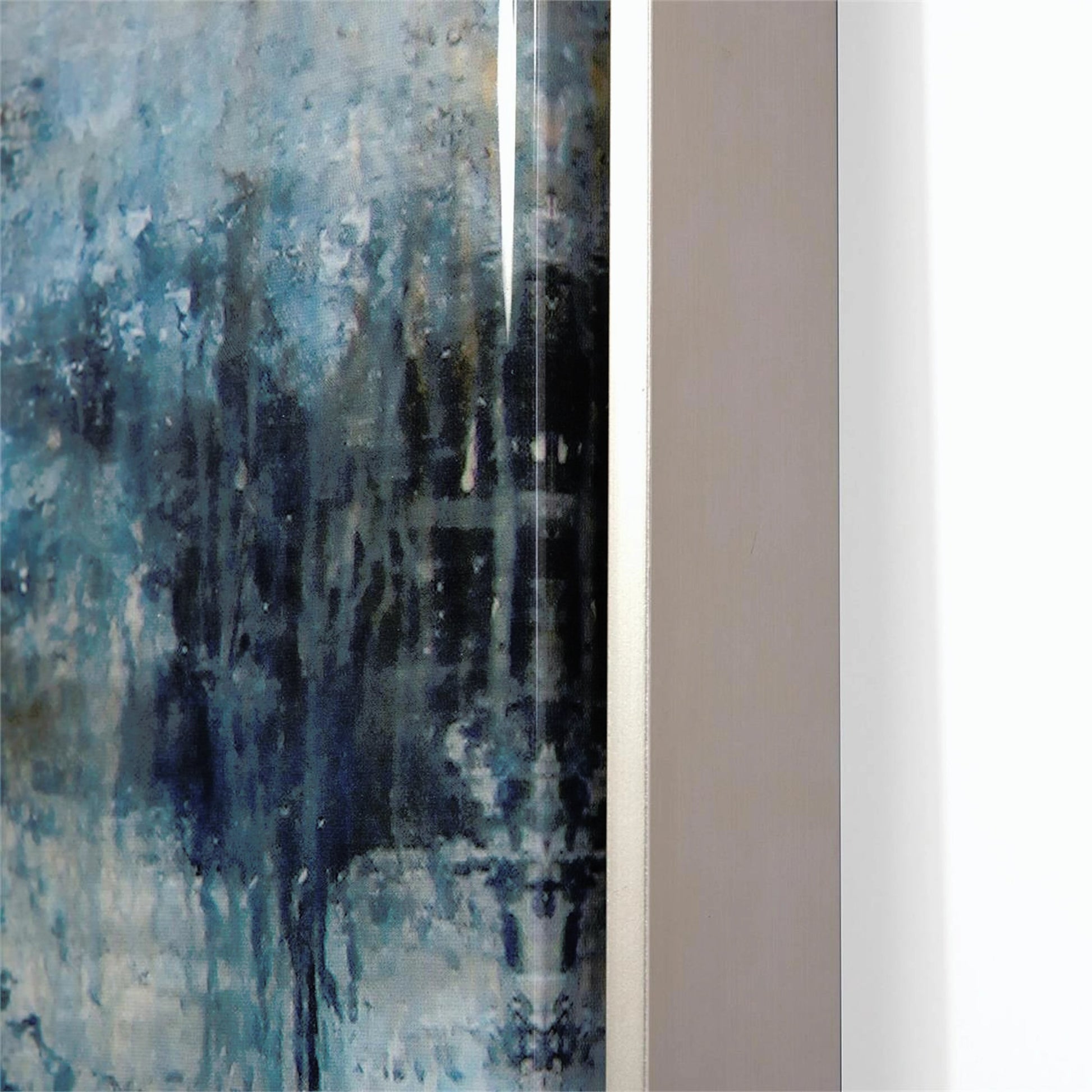 Blue Falls Mirror by John-Richard in blue, silver and resin over giclee. Made from poplar wood, epoxy resin, canvas, bevel mirror, pterosernum javanicus in a coastal style.