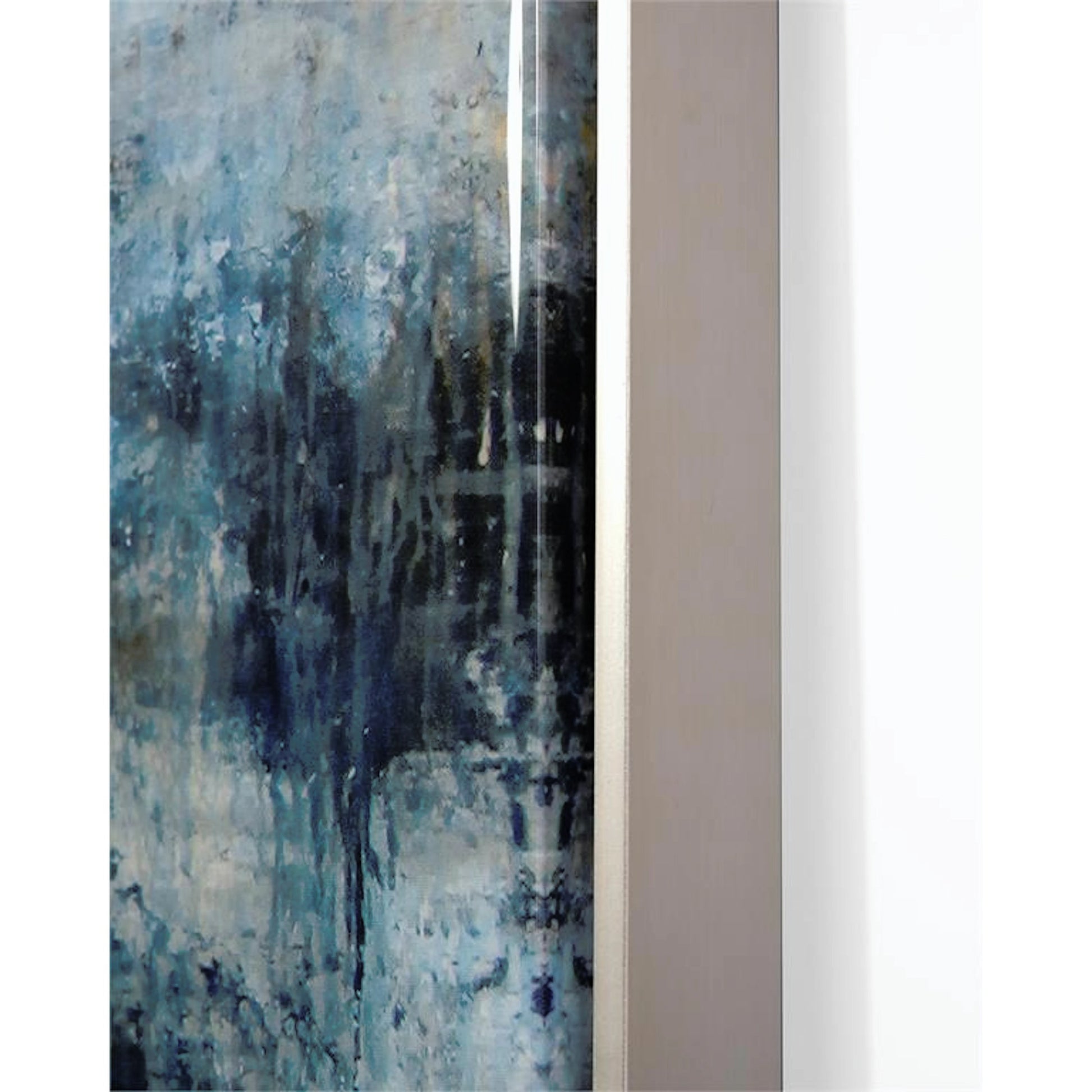 Blue Falls Mirror by John-Richard in blue, silver and resin over giclee. Made from poplar wood, epoxy resin, canvas, bevel mirror, pterosernum javanicus in a coastal style.
