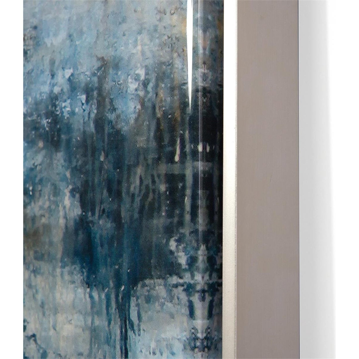 003 SR-771622 | Closeup | Blue Falls Mirror by John-Richard in blue, silver and resin over giclee. Made from poplar wood, epoxy resin, canvas, bevel mirror, pterosernum javanicus in a coastal style.