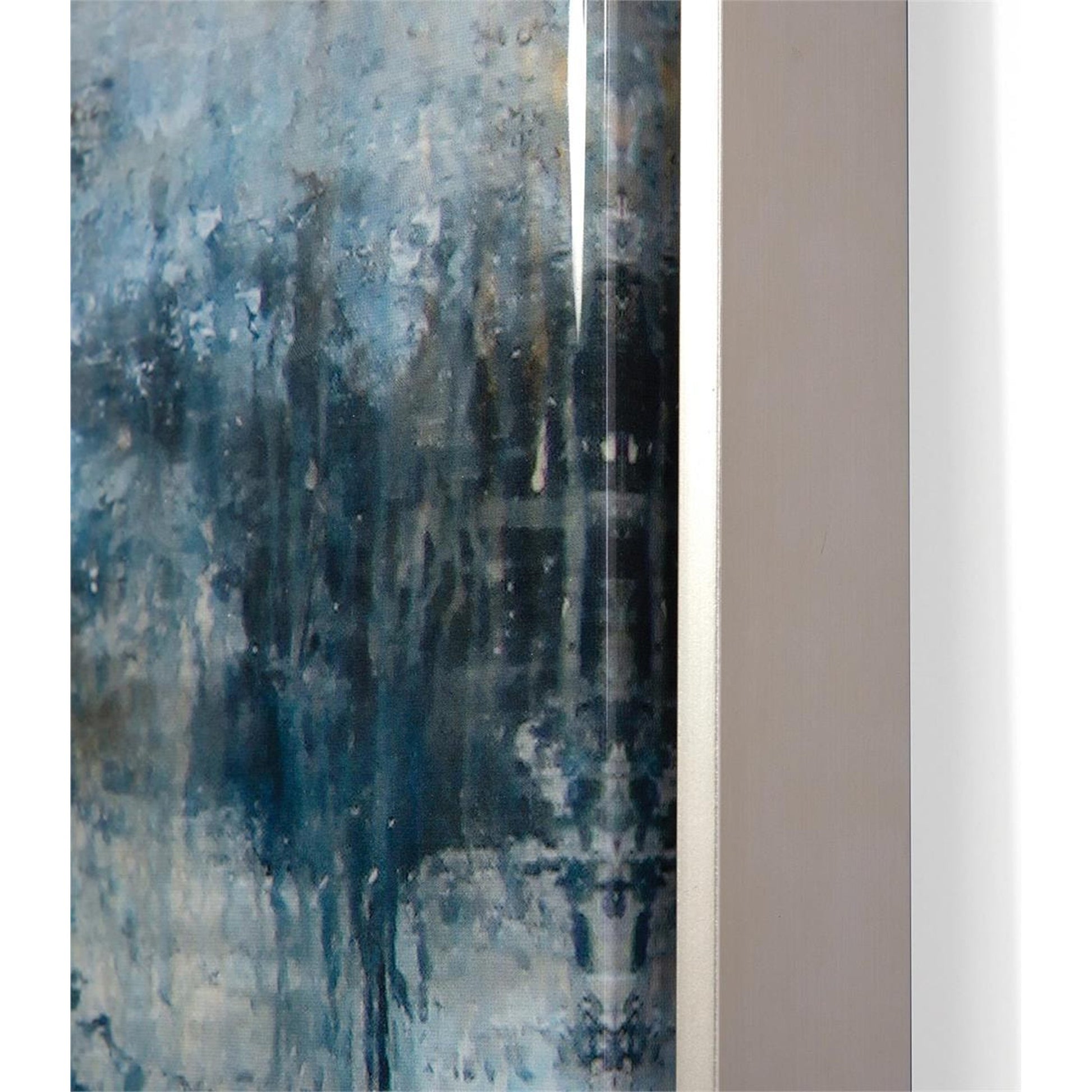 Blue Falls Mirror by John-Richard in blue, silver and resin over giclee. Made from poplar wood, epoxy resin, canvas, bevel mirror, pterosernum javanicus in a coastal style.