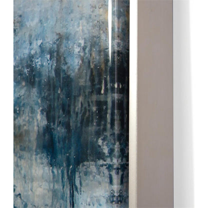 Blue Falls Mirror by John-Richard in blue, silver and resin over giclee. Made from poplar wood, epoxy resin, canvas, bevel mirror, pterosernum javanicus in a coastal style.