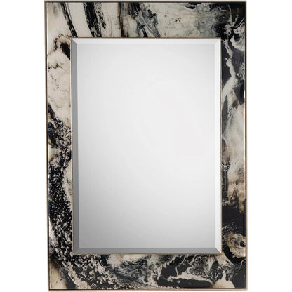 Brendan Parker's Hypnotic Mirror by John-Richard in black, white, brown, champagne silver and glossy vitreous. Made from glass in a modern style.