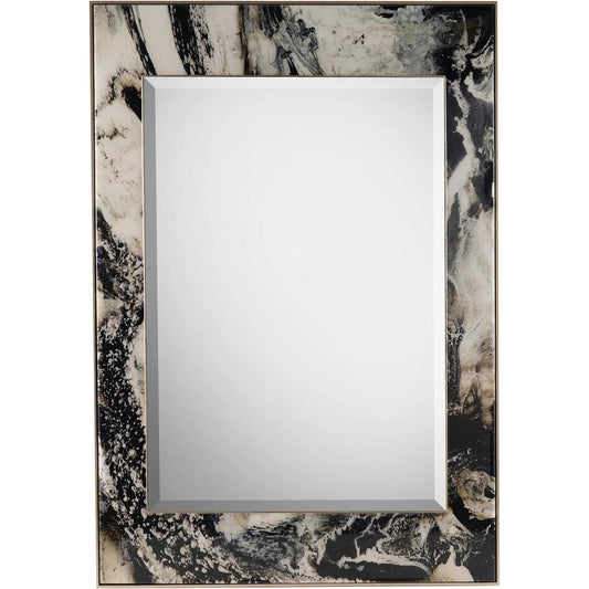 Brendan Parker's Hypnotic Mirror by John-Richard in black, white, brown, champagne silver and glossy vitreous. Made from glass in a unique style.